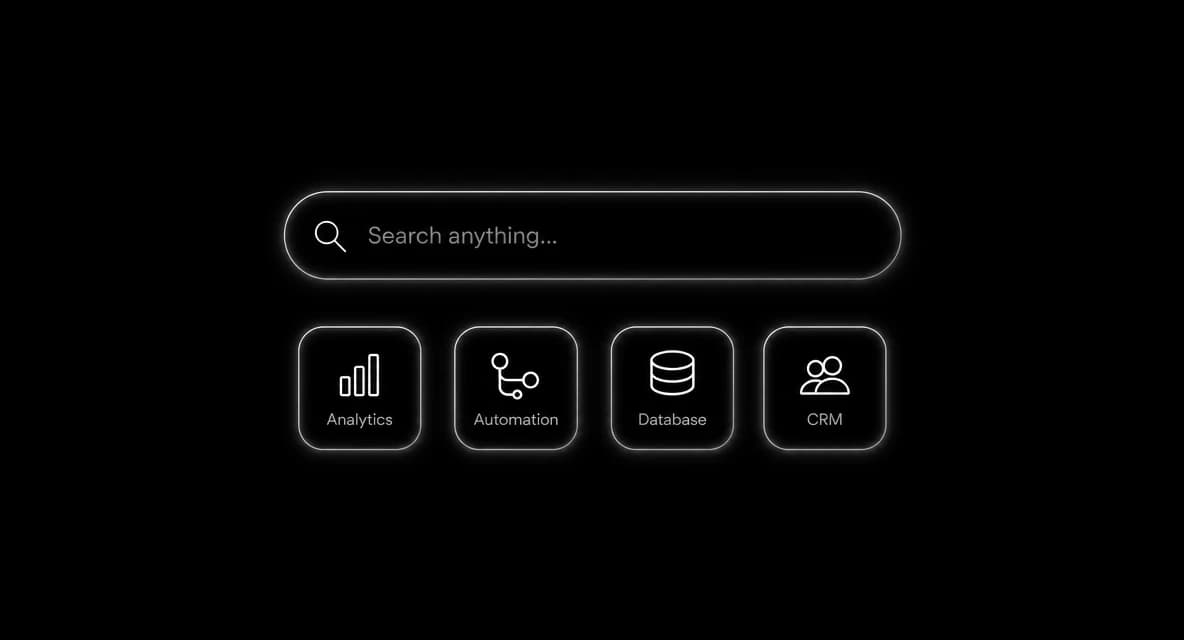 Minimalist dark product marketing graphic featuring a search dock with tool icons for Analytics, Automation, Database, and CRM
