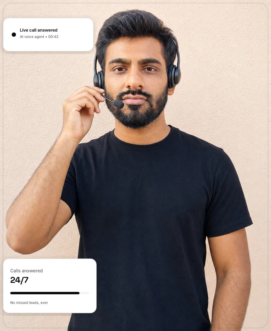 Indish Marketer founder wearing a headset microphone, representing the AI voice agent answering a live call