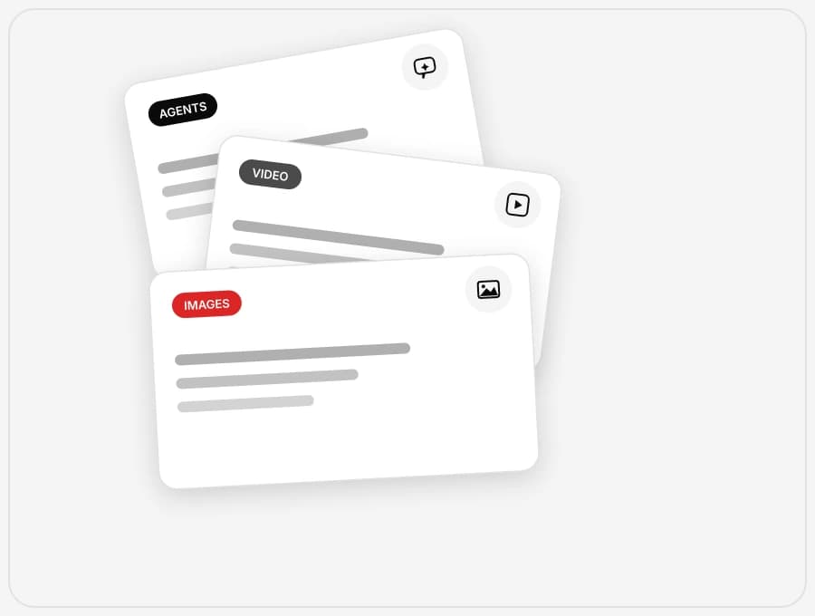 Three stacked cards labeled Images, Video, and Agents, representing the library's categories