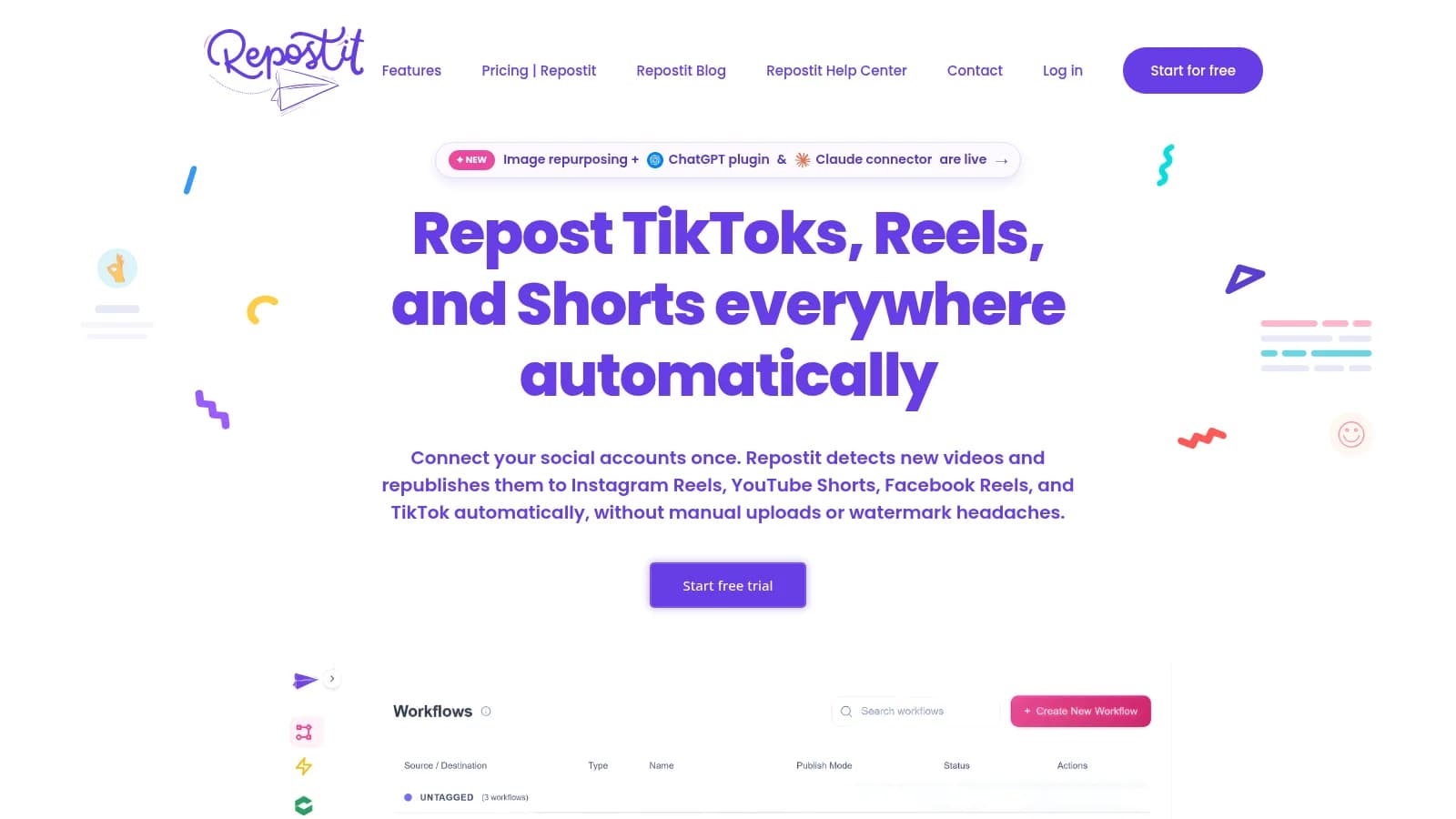 Repostit homepage with the headline Repost TikToks, Reels, and Shorts everywhere automatically and a preview of the Workflows dashboard