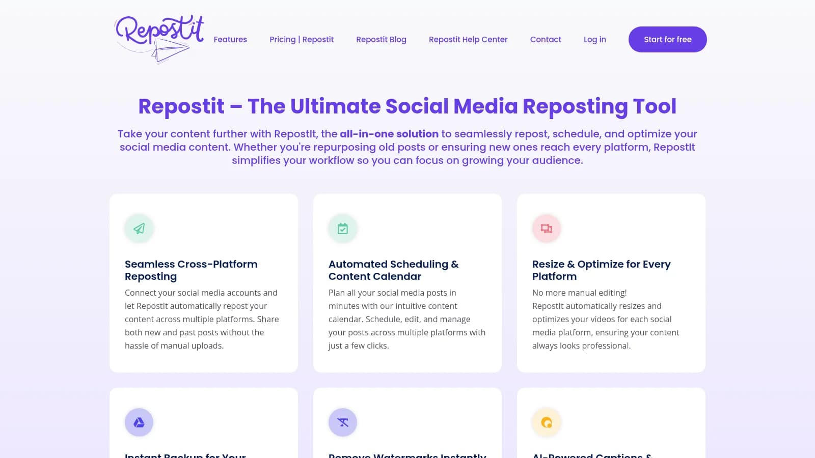 Repostit features page showing cross-platform reposting, a scheduling content calendar, and automatic video resizing
