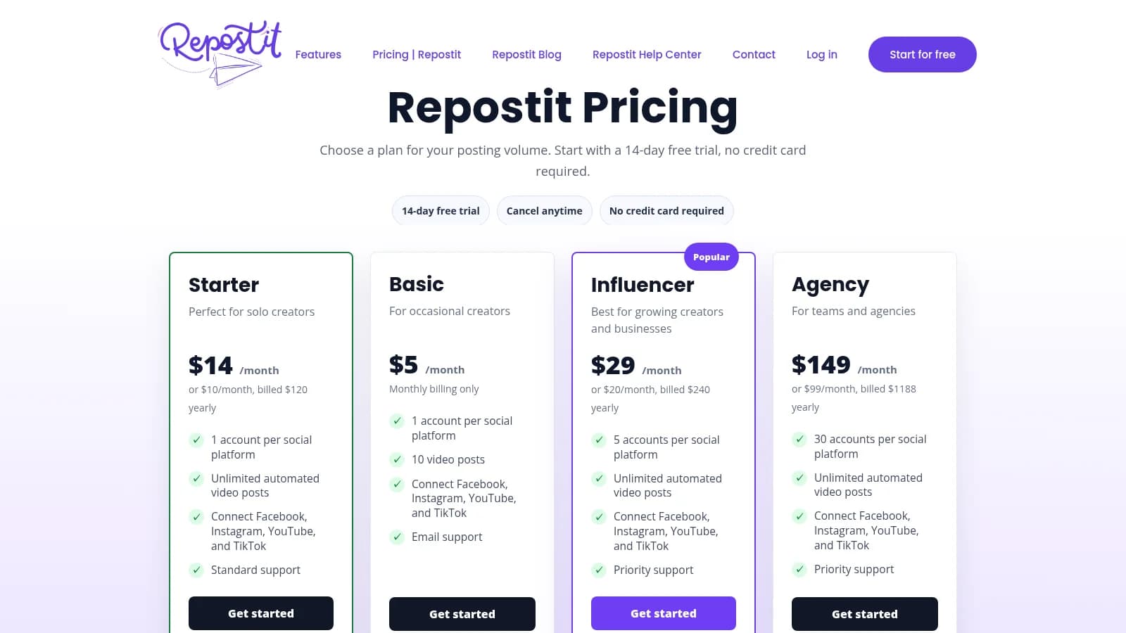 Repostit pricing page with Starter, Basic, Influencer and Agency plans and a 14-day free trial