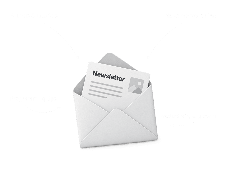 An illustration of an open envelope with a newsletter card inside, with callouts for AI tools and tutorials, make money online, programming tips, and productivity and growth