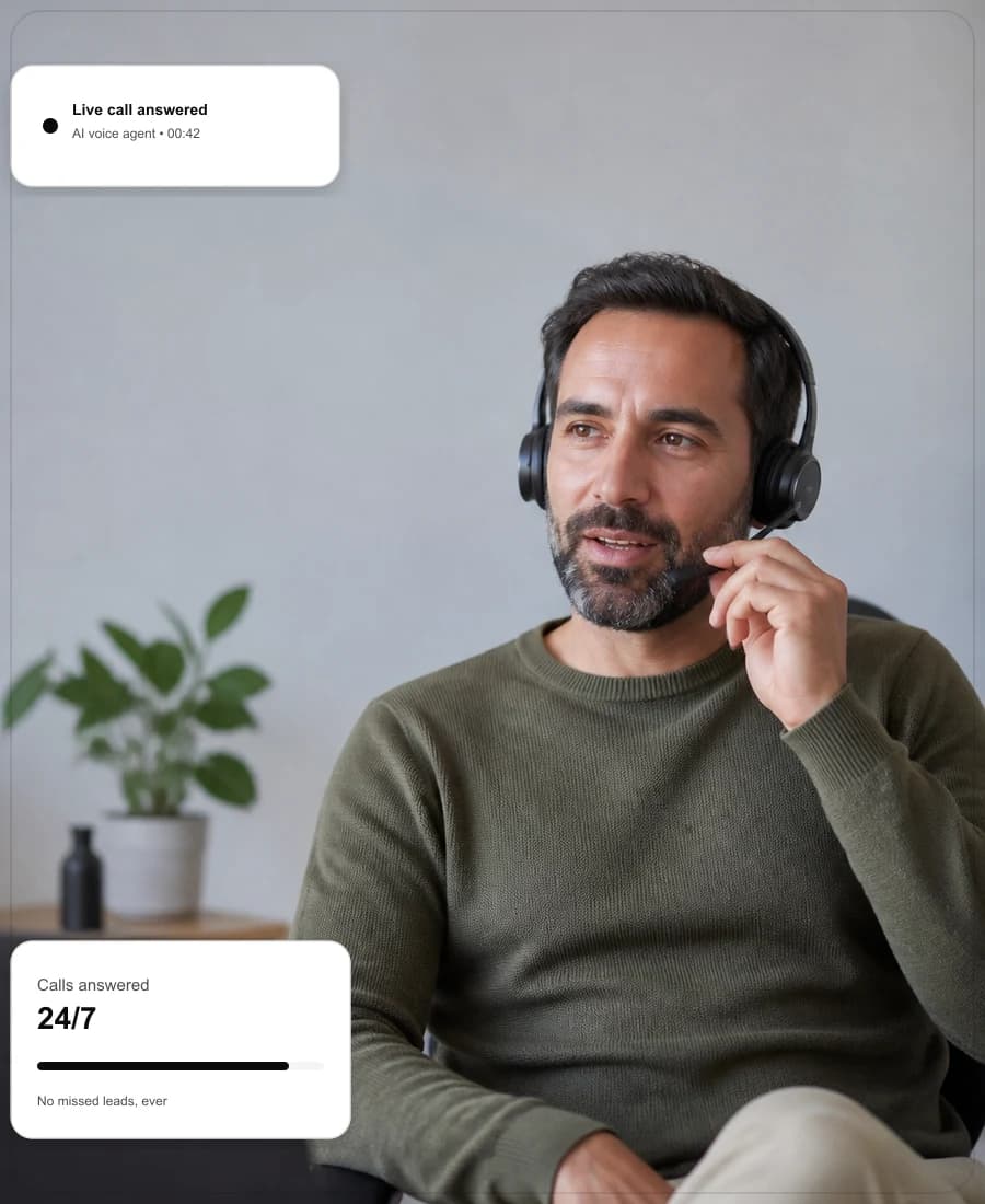 AI voice agent answering a live call, with a calls-answered dashboard card
