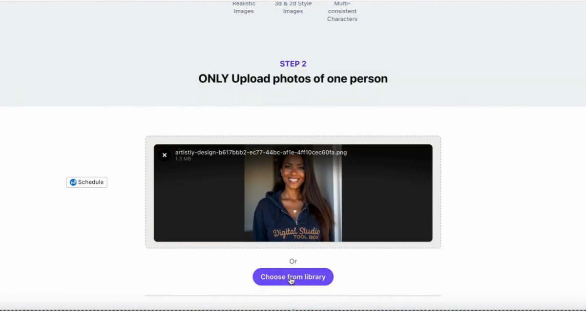 The Artistly interface showing Step 2 of the character training process: uploading a photo of one person.
