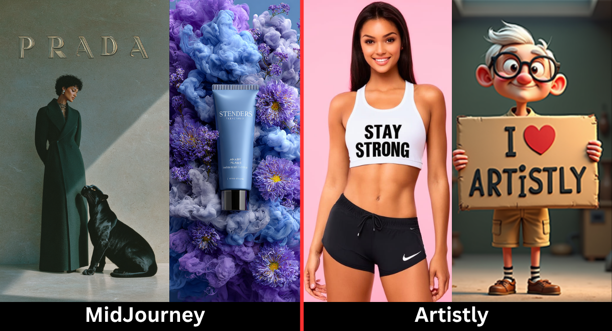 A side-by-side comparison of AI art styles, with high-fashion and abstract images labeled "MidJourney" and commercial-style images labeled "Artistly."
