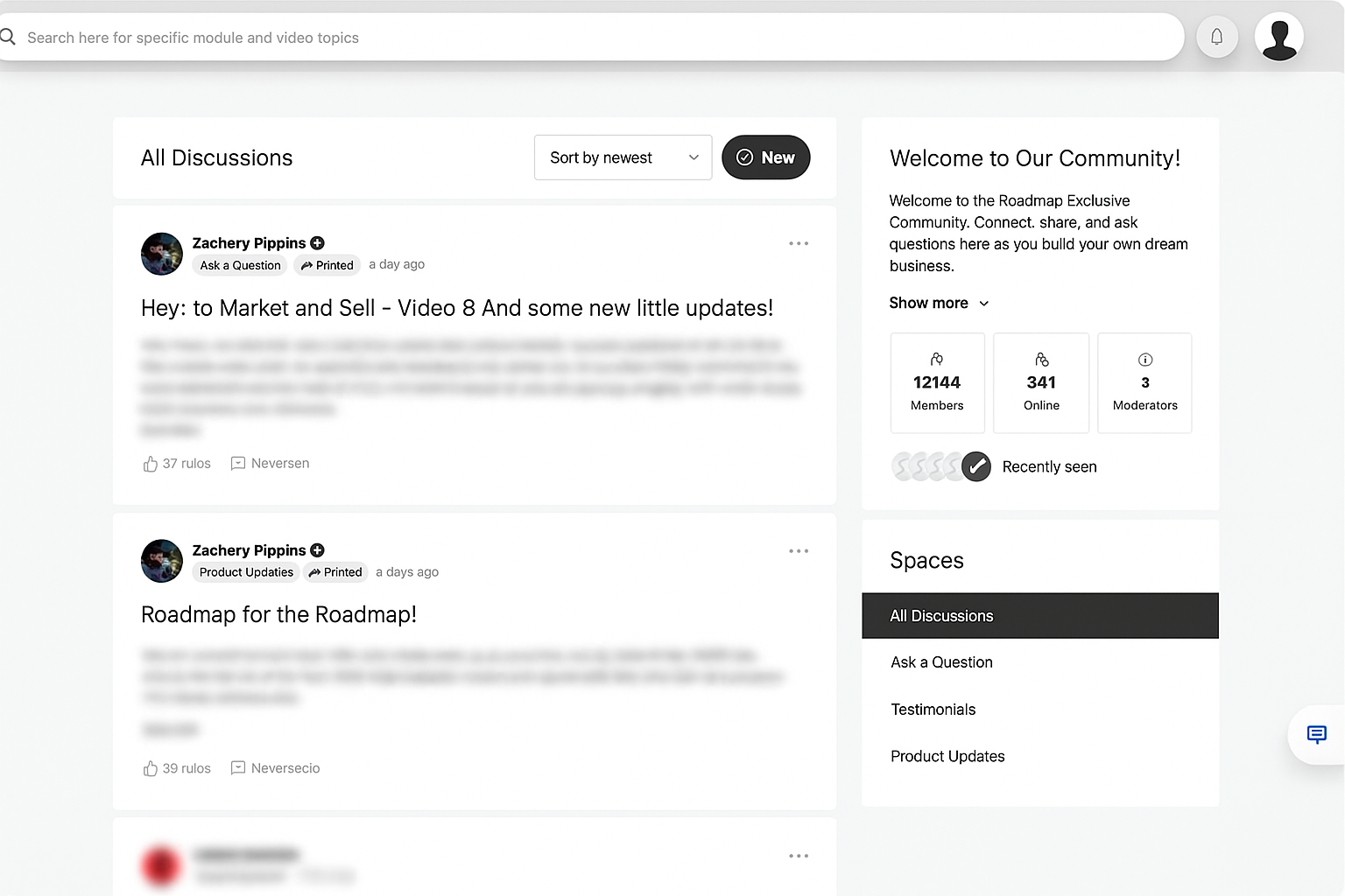 A screenshot of the Roadmap Exclusive online community dashboard showing discussion threads, member stats, and a dummy male profile icon in the top-right corner.