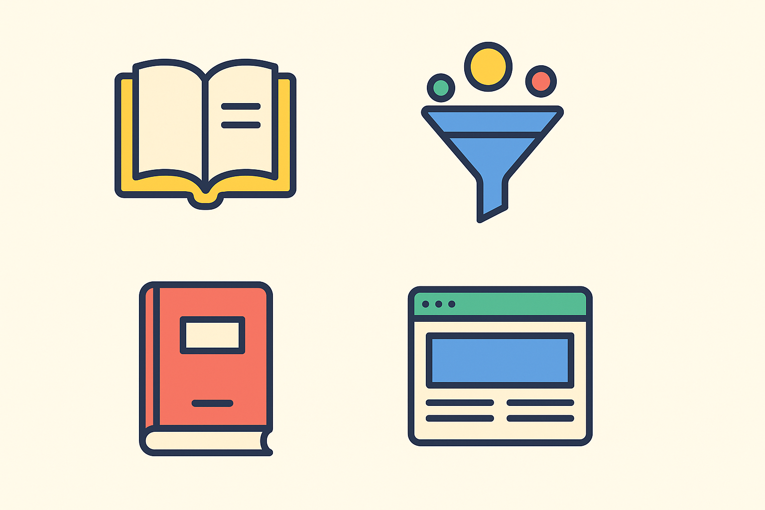 Flat design grid showing colorful icons of an open book, sales funnel, red book, and website page representing digital tools.