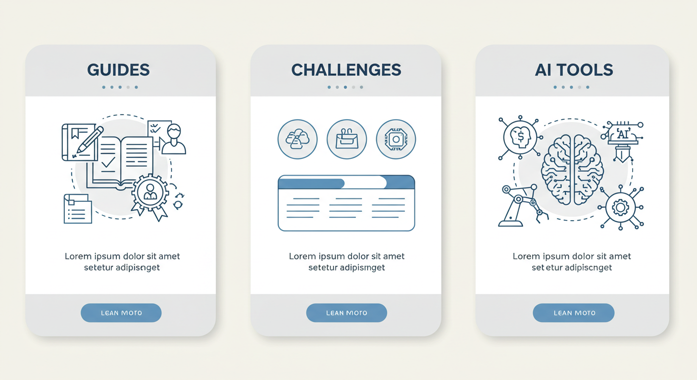 Three mobile UI screens with icons and text: "GUIDES" with book and certificate icons, "CHALLENGES" with puzzle and gear icons, and "AI TOOLS" with a brain and robotic arm.