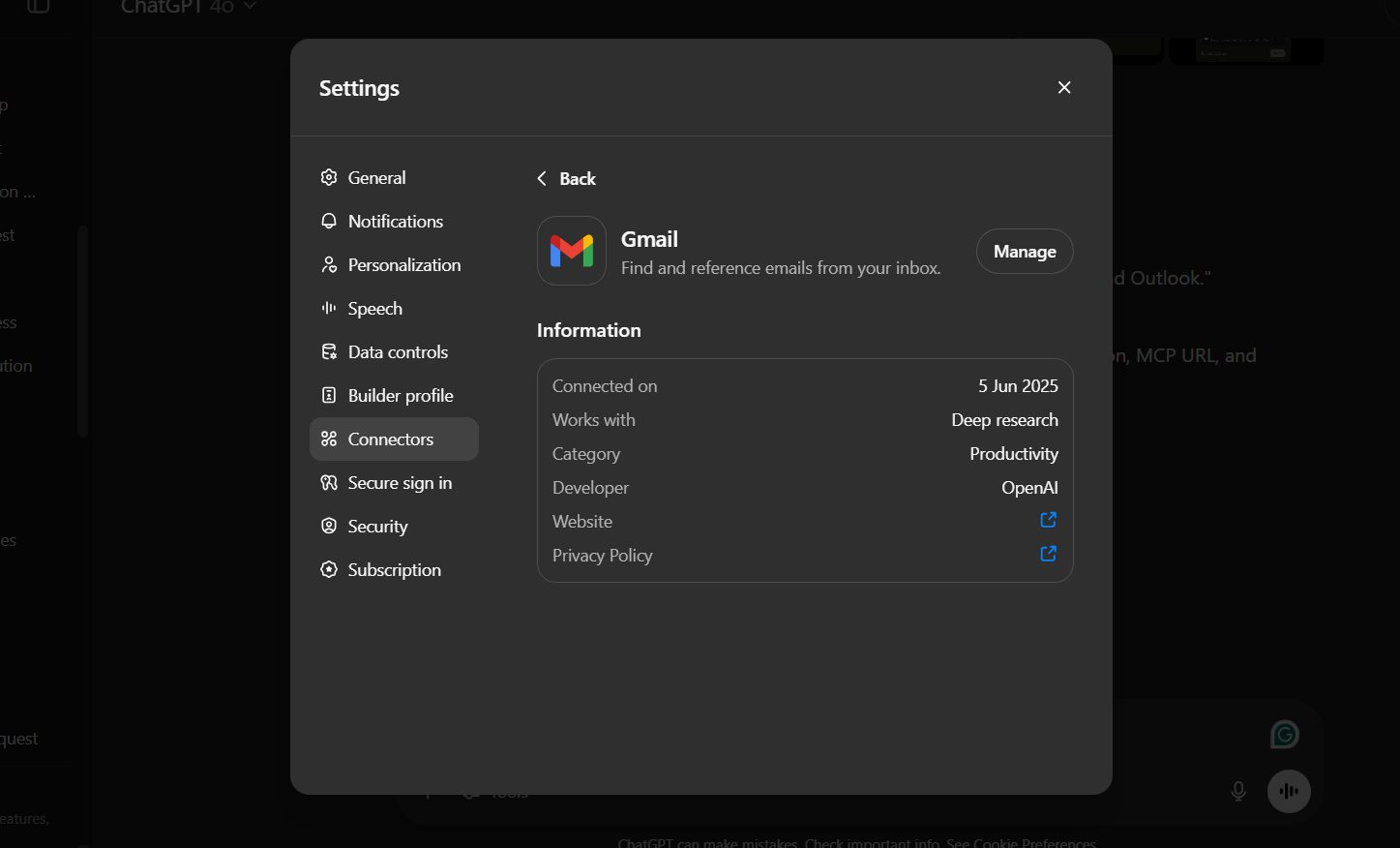 ChatGPT settings showing Gmail connector details, including connection date, usage category, and developer info