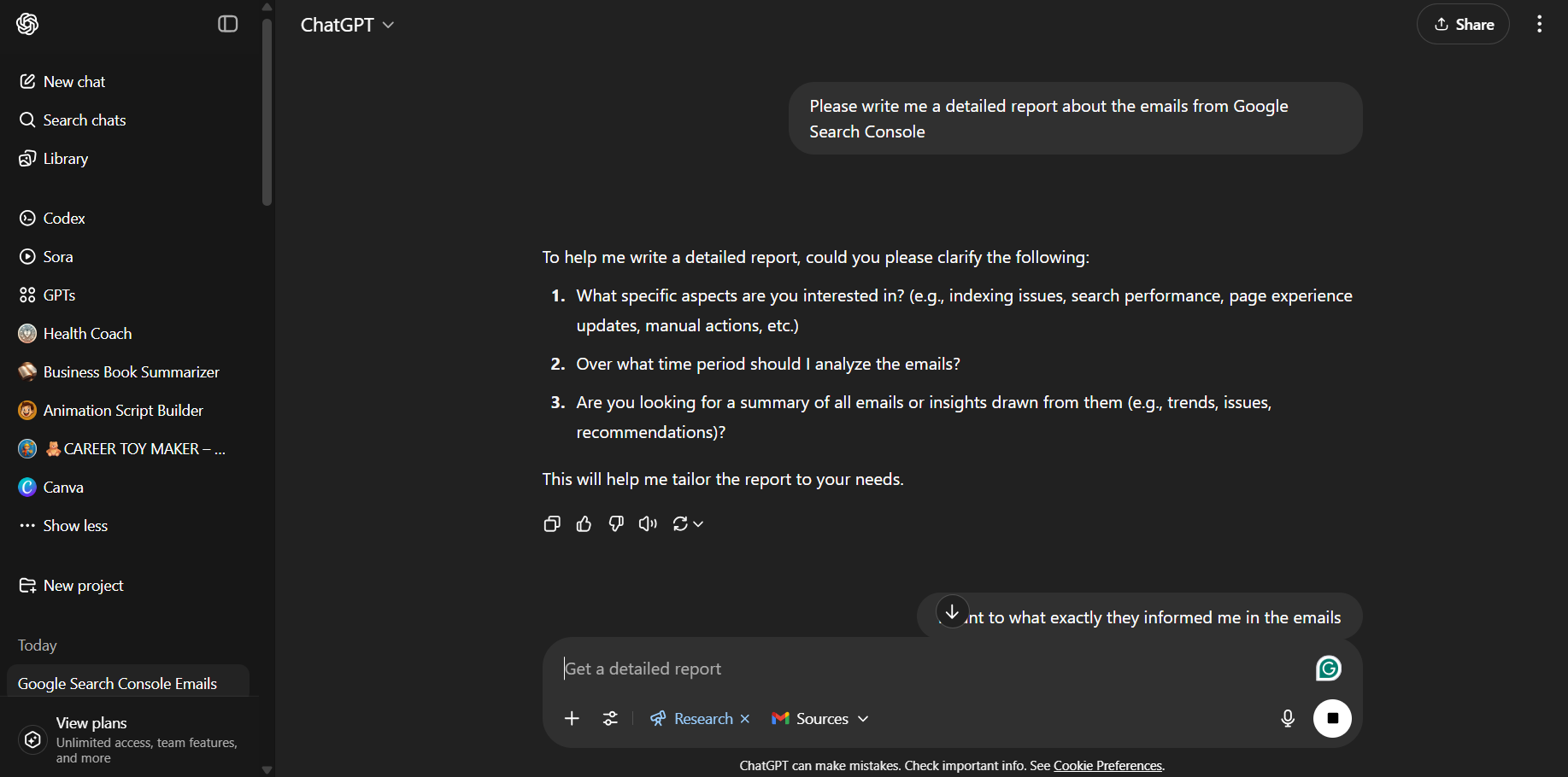 ChatGPT asking the user clarification questions to tailor a detailed report based on emails from Google Search Console.
