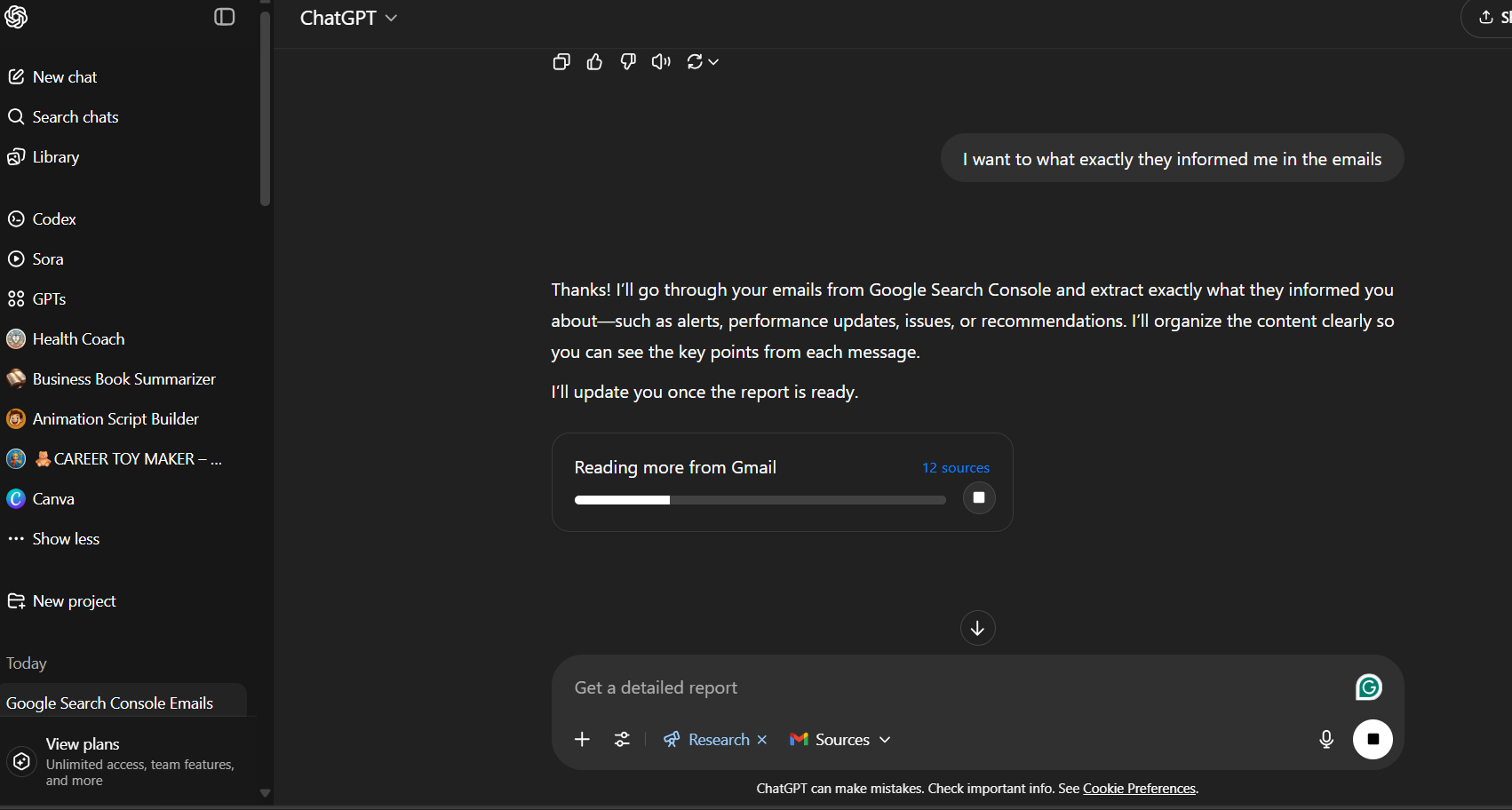 ChatGPT reading emails from Google Search Console to generate a summary report, showing progress bar and sources.