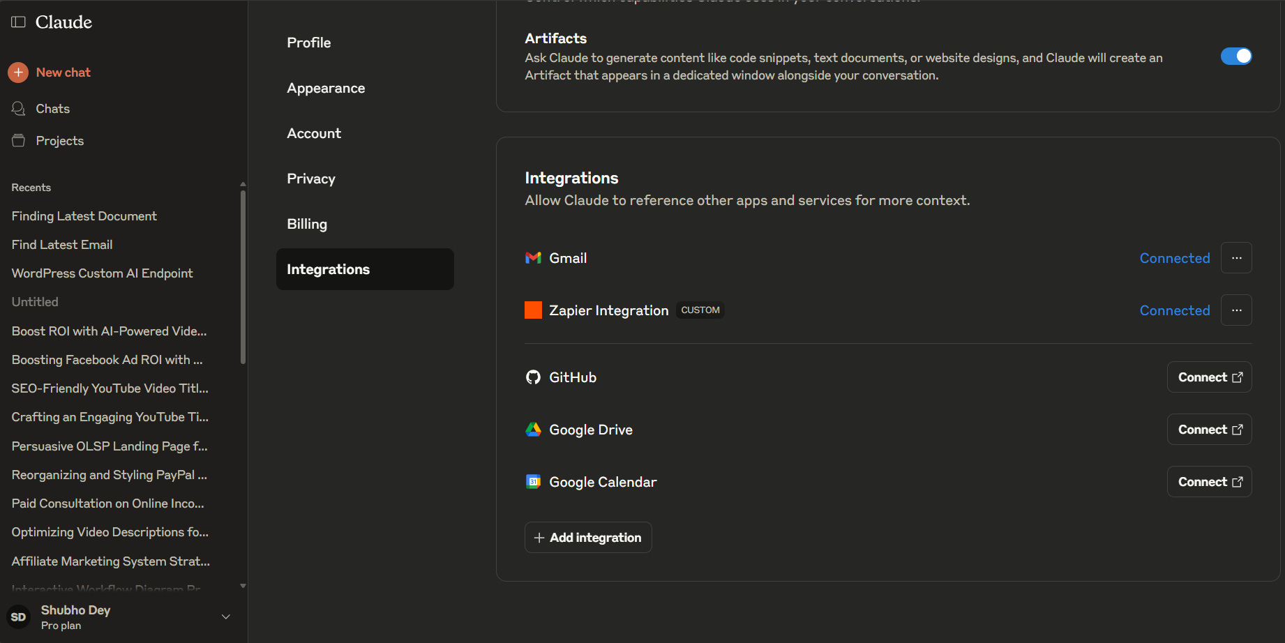 Claude settings showing active integrations with Gmail and Zapier, with options to connect GitHub, Google Drive, and Google Calendar.