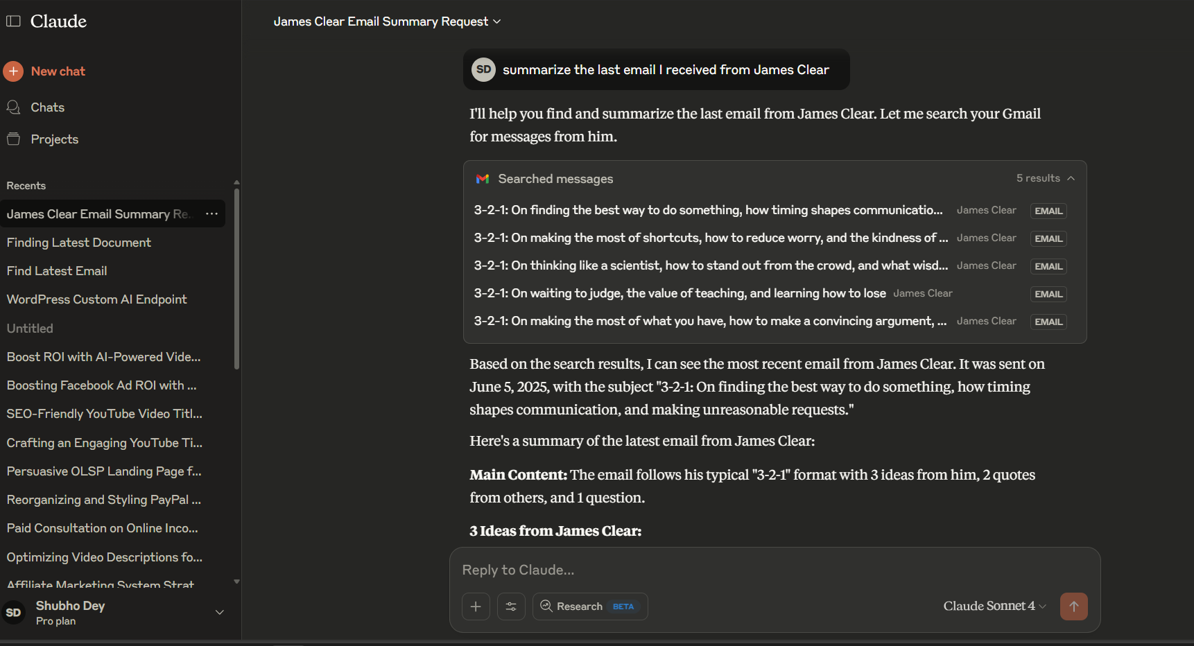 Claude interface showing a summary of the latest James Clear email using Gmail integration.