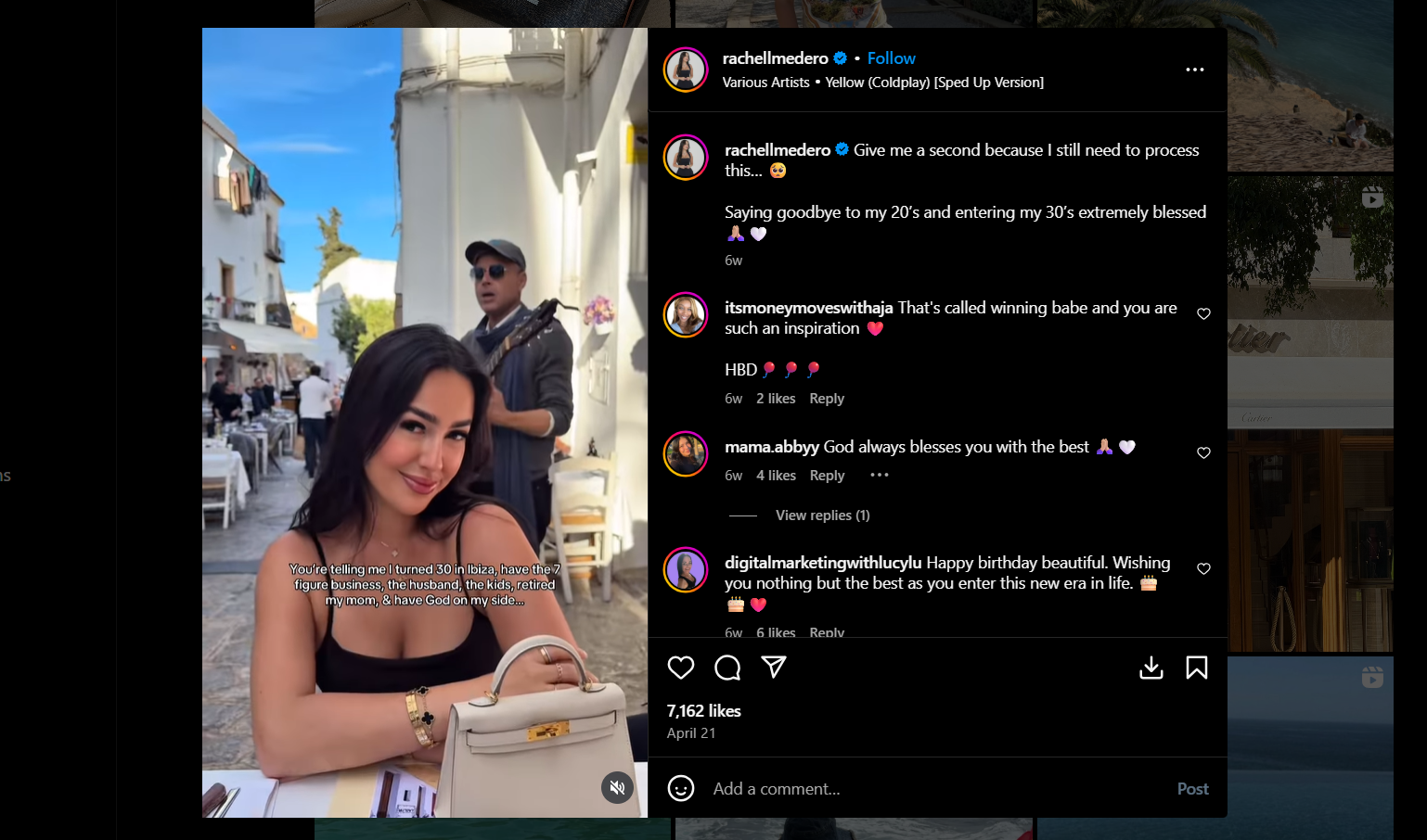 Instagram post from Rachel Medero celebrating her 30th birthday in Ibiza with the caption highlighting her business and family milestones, with comments and engagement visible.