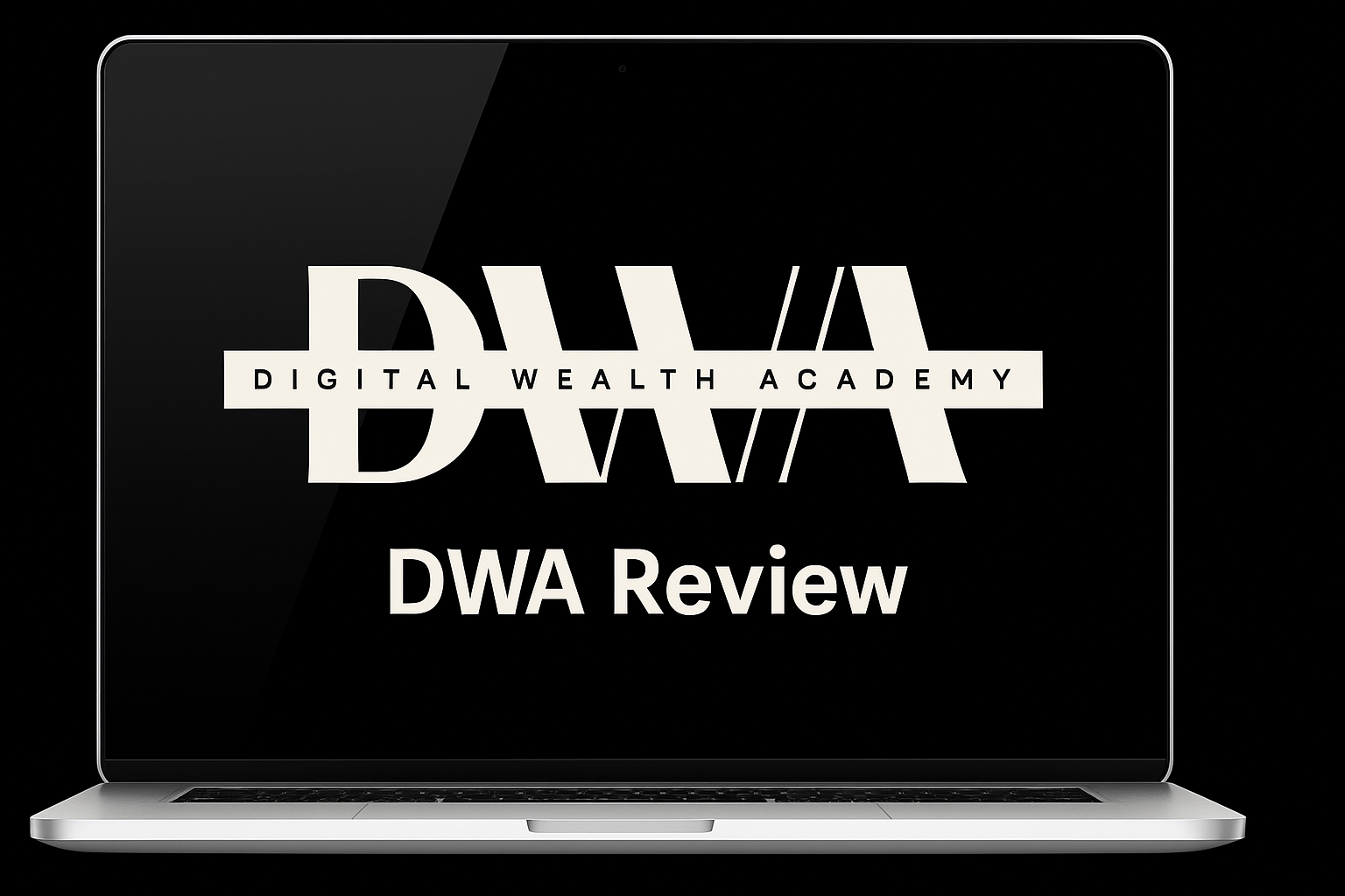 A laptop screen displaying the "Digital Wealth Academy" logo with the words "DWA Review" in bold white text below it on a black background.