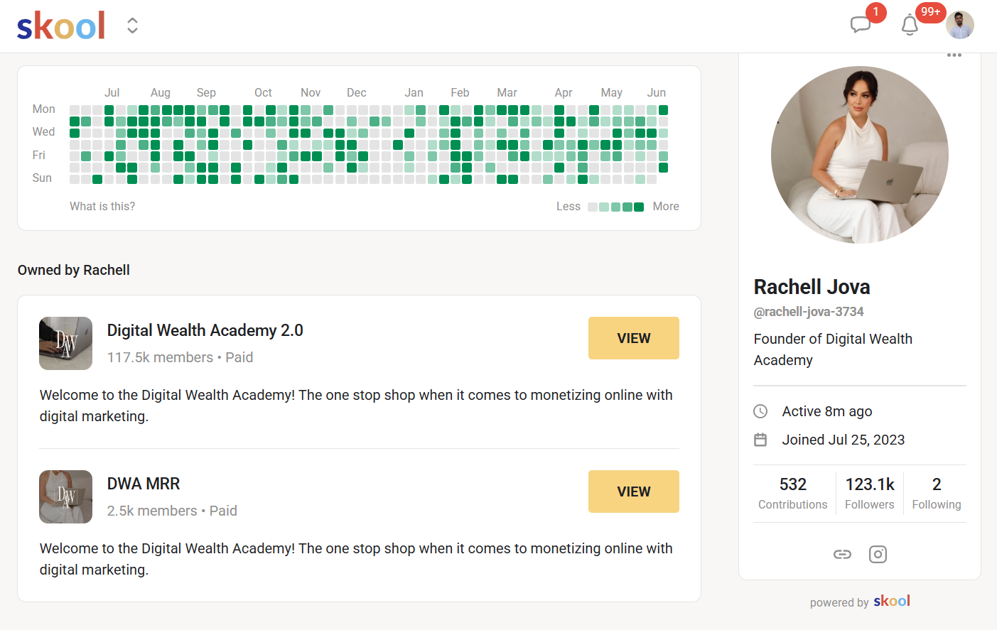 Screenshot of the Skool platform showing Rachel Jova's Digital Wealth Academy communities, including DWA 2.0 with 117.5k members and DWA MRR with 2.5k members.