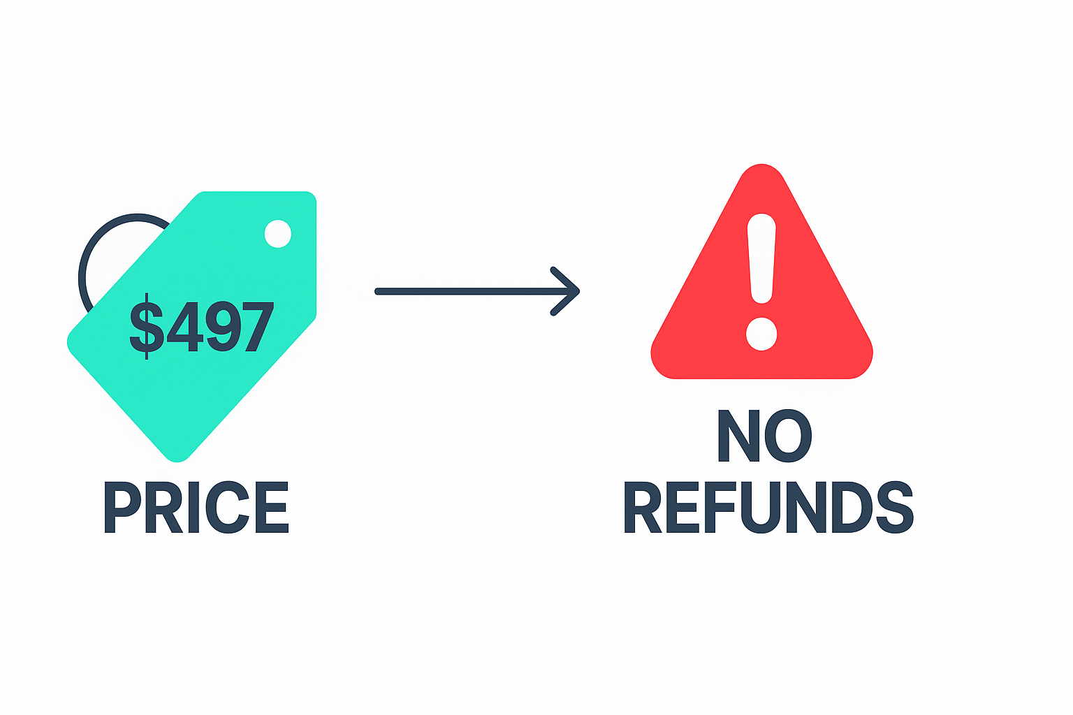 Graphic showing a green $497 price tag with an arrow pointing to a red warning triangle that says "NO REFUNDS."