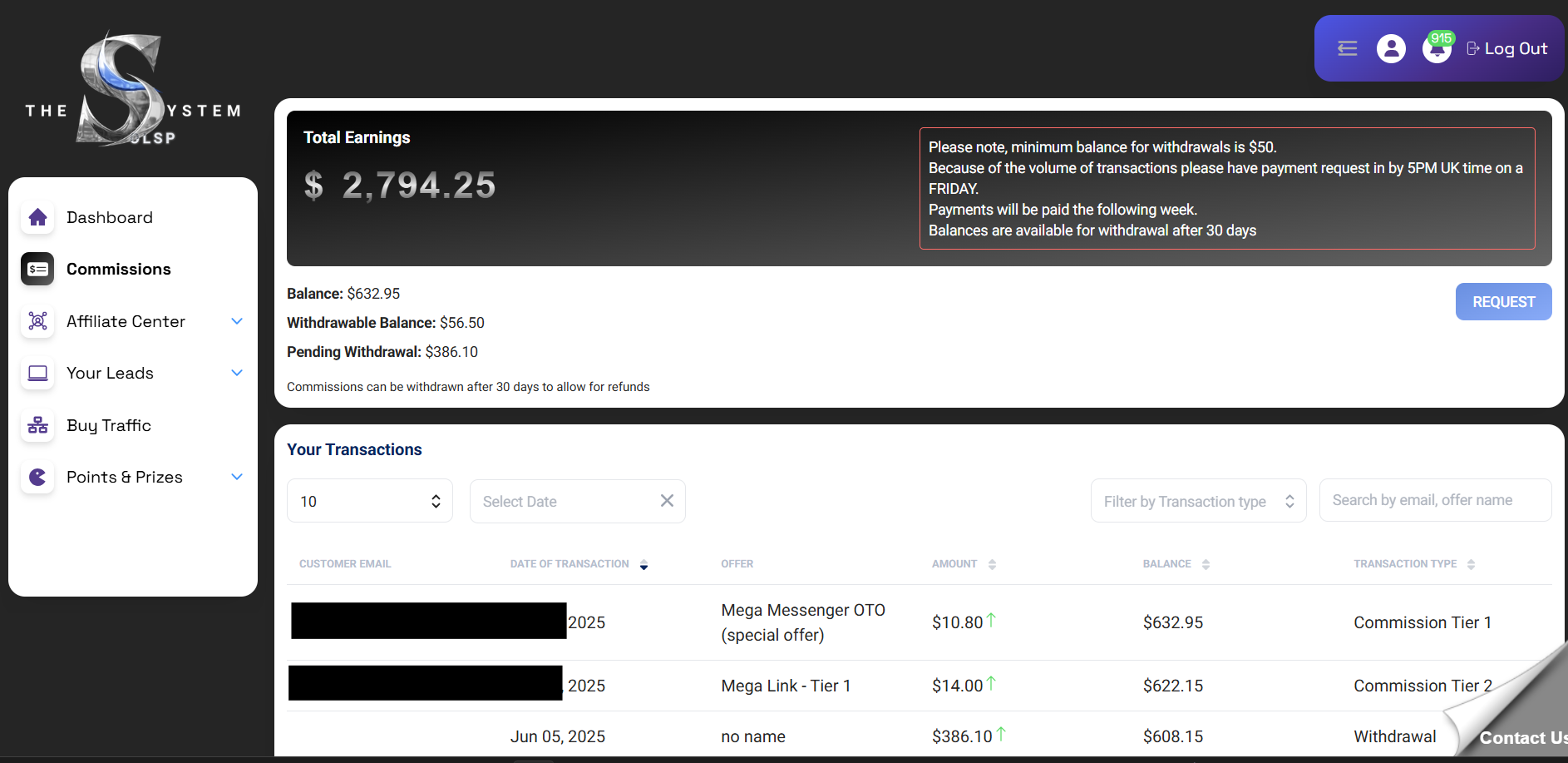 Screenshot of OLSP’s commission dashboard showing total earnings of $2,794.25, transaction history, and a highlighted note about the $50 minimum withdrawal policy and 30-day delay for payouts.