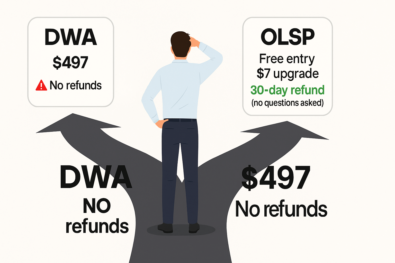 Illustration of a man choosing between DWA with $497 and no refunds, and OLSP with free entry, $7 upgrade, and a 30-day refund policy