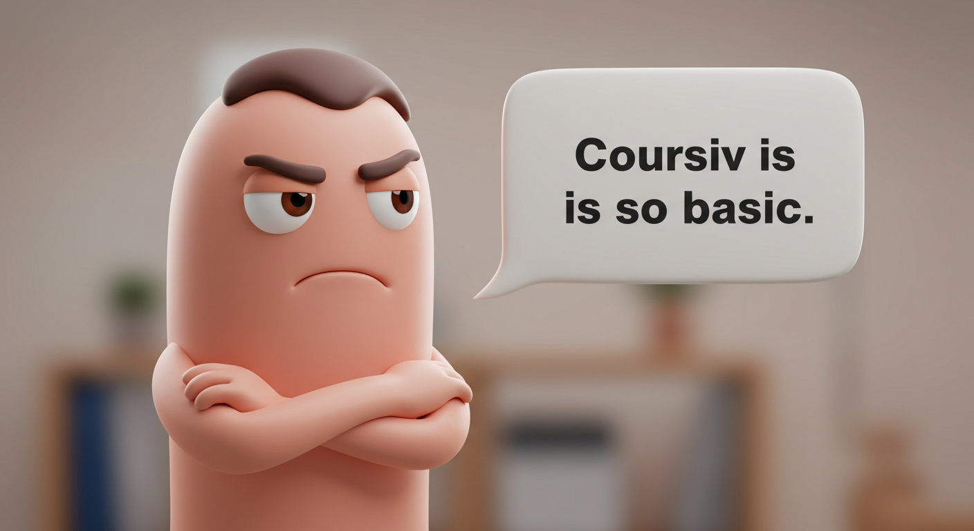 An angry, sausage-like cartoon character with crossed arms and a speech bubble saying "Coursiv is is so basic."