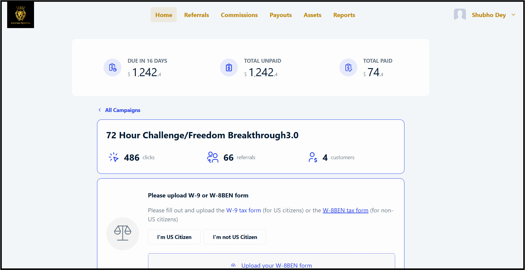 Screenshot of the Freedom Breakthrough 3.0 affiliate dashboard showing $1,242.40 in unpaid commissions, $74.40 paid, 486 clicks, 66 referrals, and 4 customers.