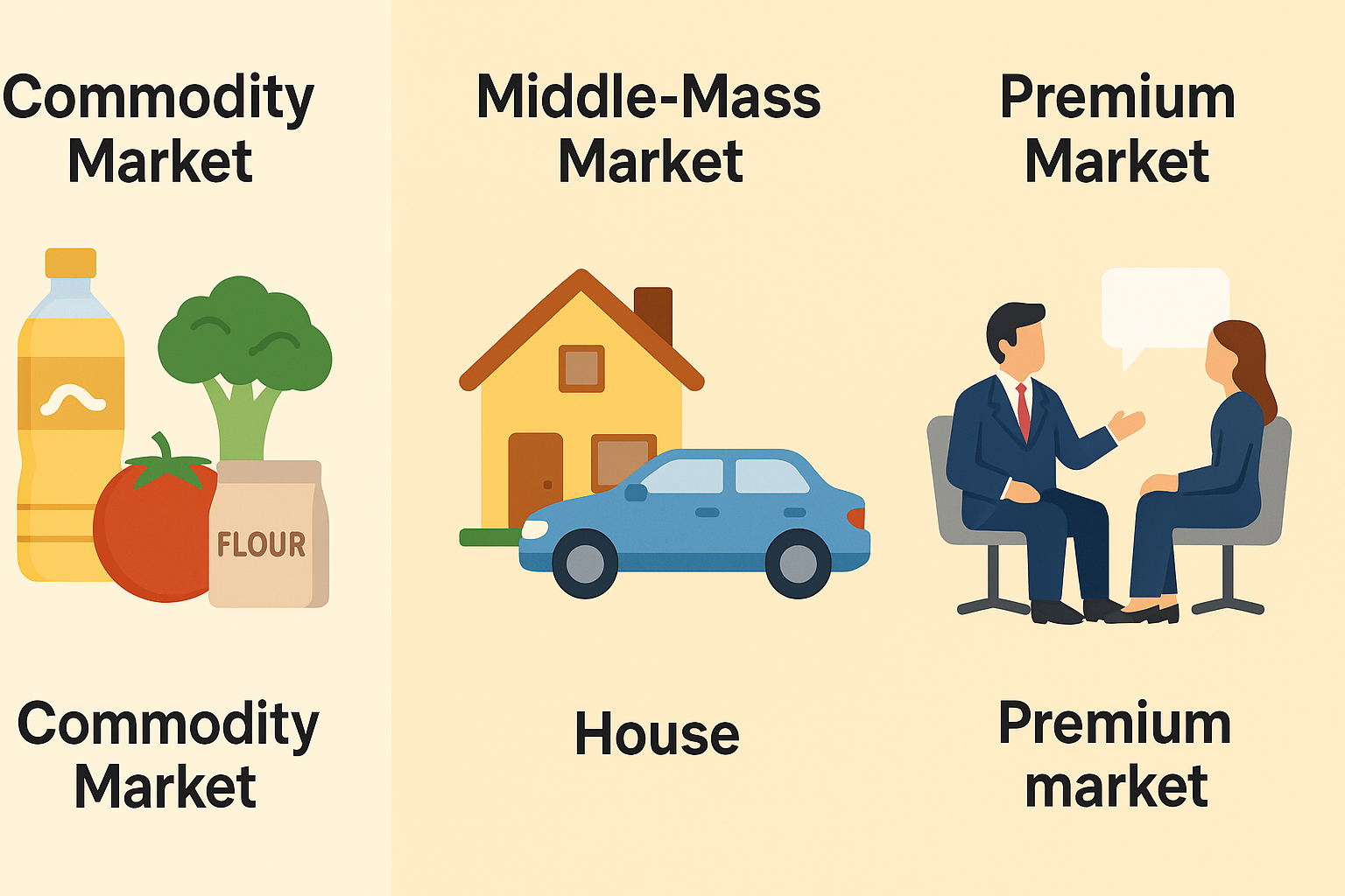 Illustration showing three markets: Commodity Market with grocery items, Middle-Mass Market with a house and car, and Premium Market with two people in a consulting session.