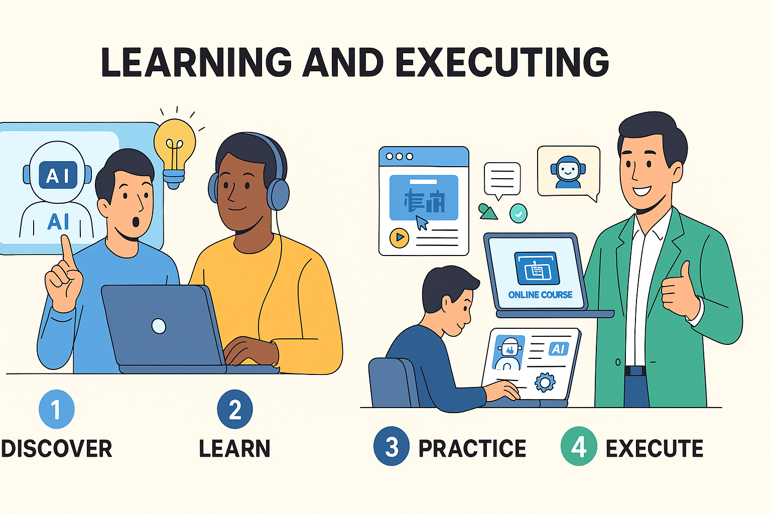 Four-step learning process: Discover, Learn, Practice, and Execute, shown with illustrations of people using laptops, taking courses, and taking action.