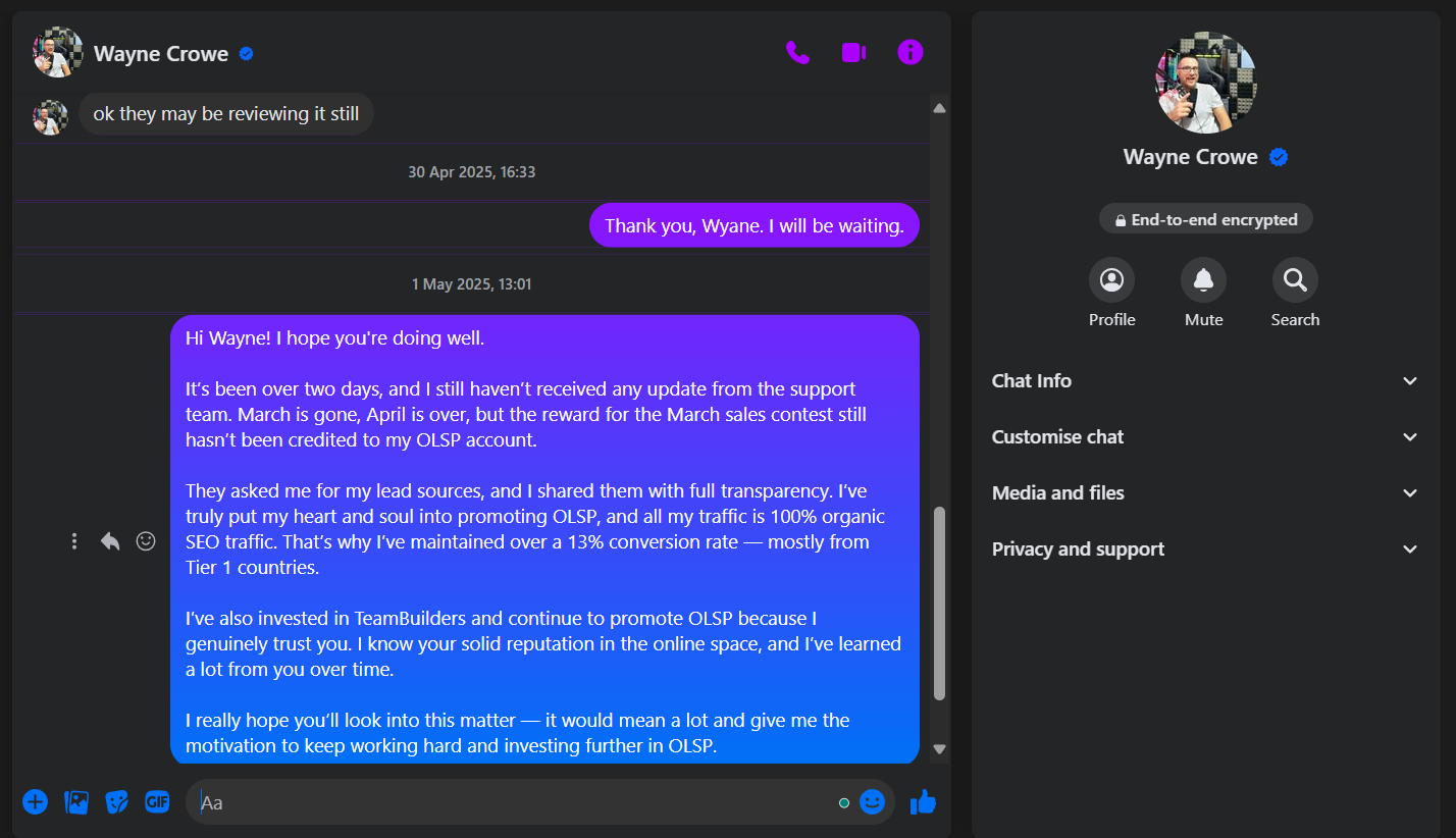 Screenshot of a message exchange with Wayne Crowe discussing missing OLSP sales contest rewards and SEO traffic sources