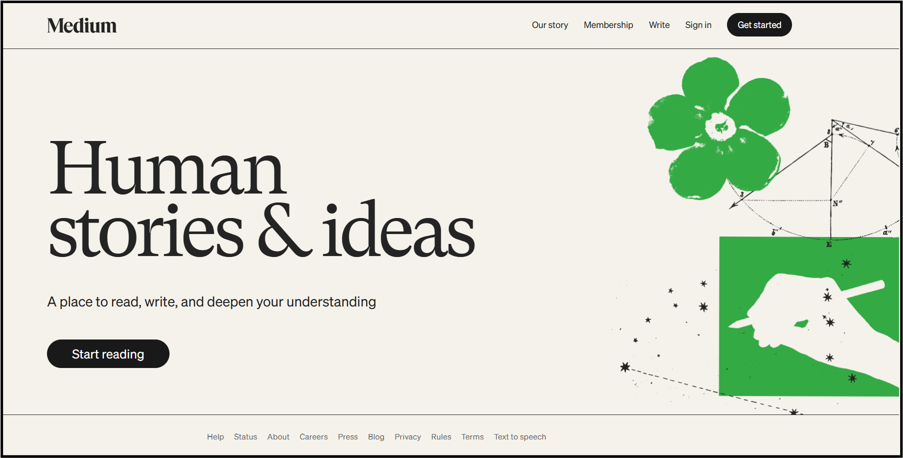 Screenshot of Medium's homepage with the text 'Human stories & ideas' and a green flower and hand illustration.