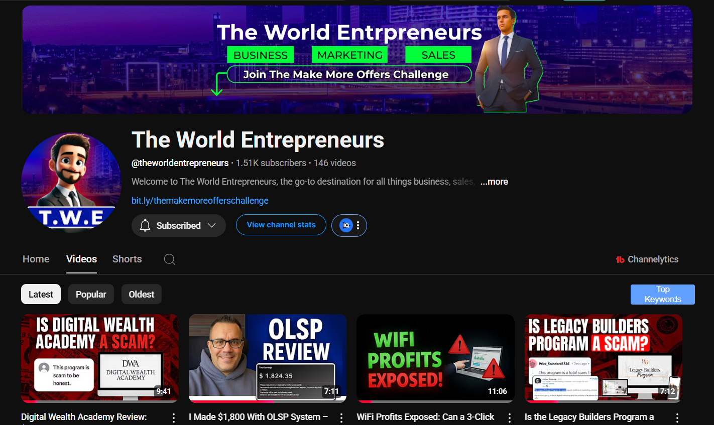 YouTube channel page of The World Entrepreneurs featuring video thumbnails including an OLSP review and other affiliate topics.