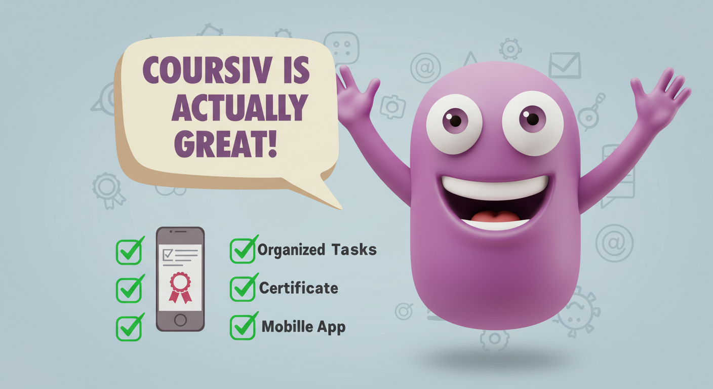 A happy, purple, blob-like cartoon character with open arms and a speech bubble saying "COURSIV IS ACTUALLY GREAT!", next to icons for organized tasks, certificate, and mobile app.