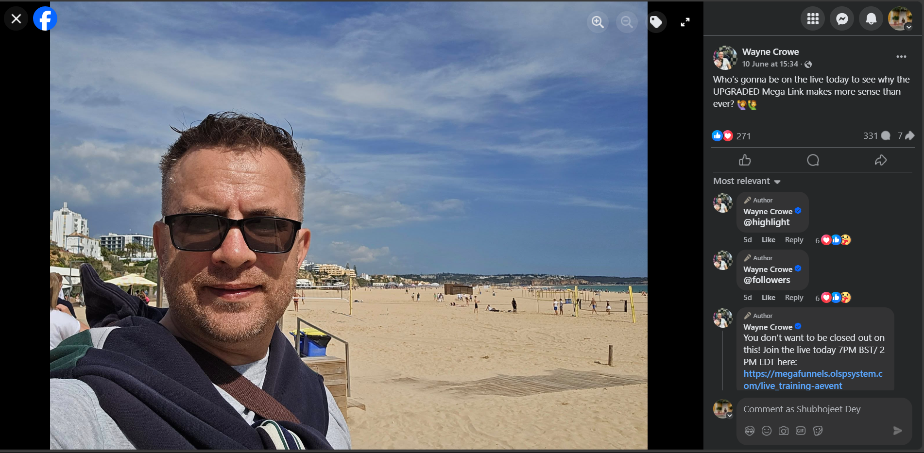 Wayne Crowe's Facebook post on a beach, promoting an OLSP live event with a link to Mega Funnels training.