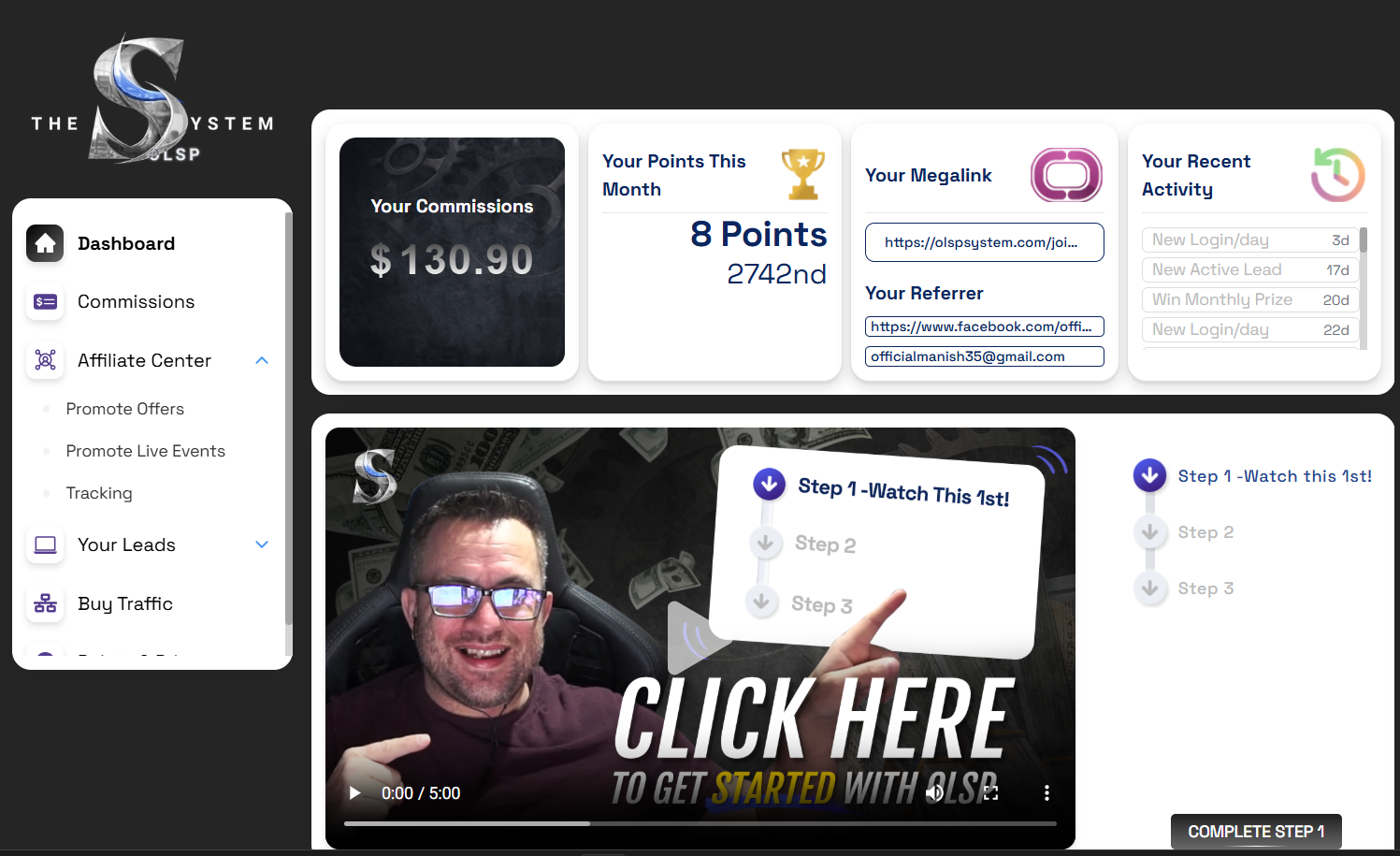 OLSP System dashboard showing $130.90 in commissions, 8 monthly points, and a welcome video instructing users to get started with step 1