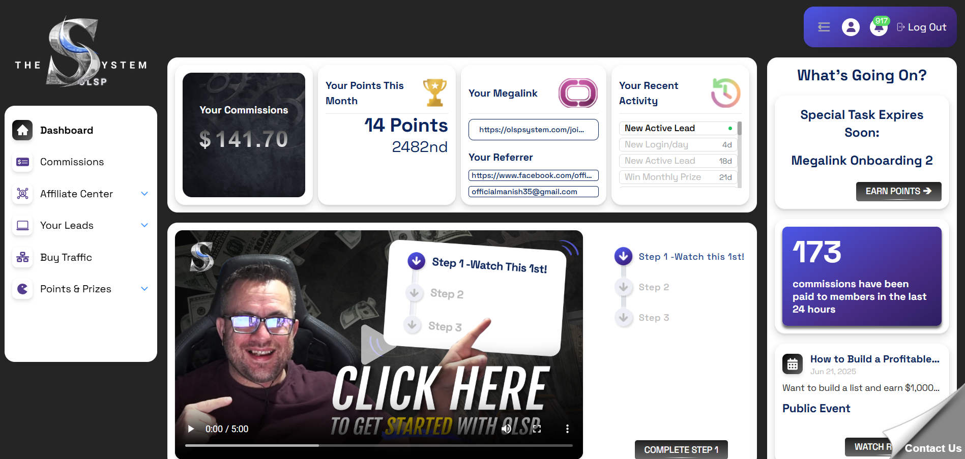 Here's a shorter alt text: A dashboard for "THE OLSP SYSTEM" shows commissions, points, recent activity, and a video to get started. It also highlights commissions paid and upcoming events.