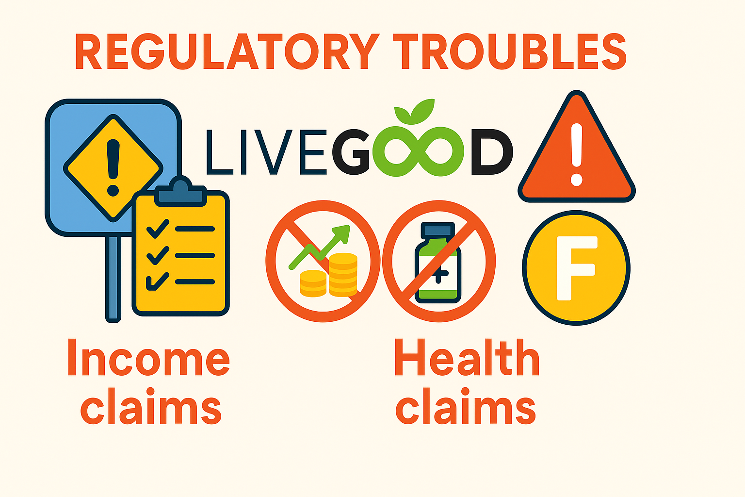 A graphic showing LiveGood's regulatory troubles, including icons for illegal income claims, illegal health claims, and an "F" rating.