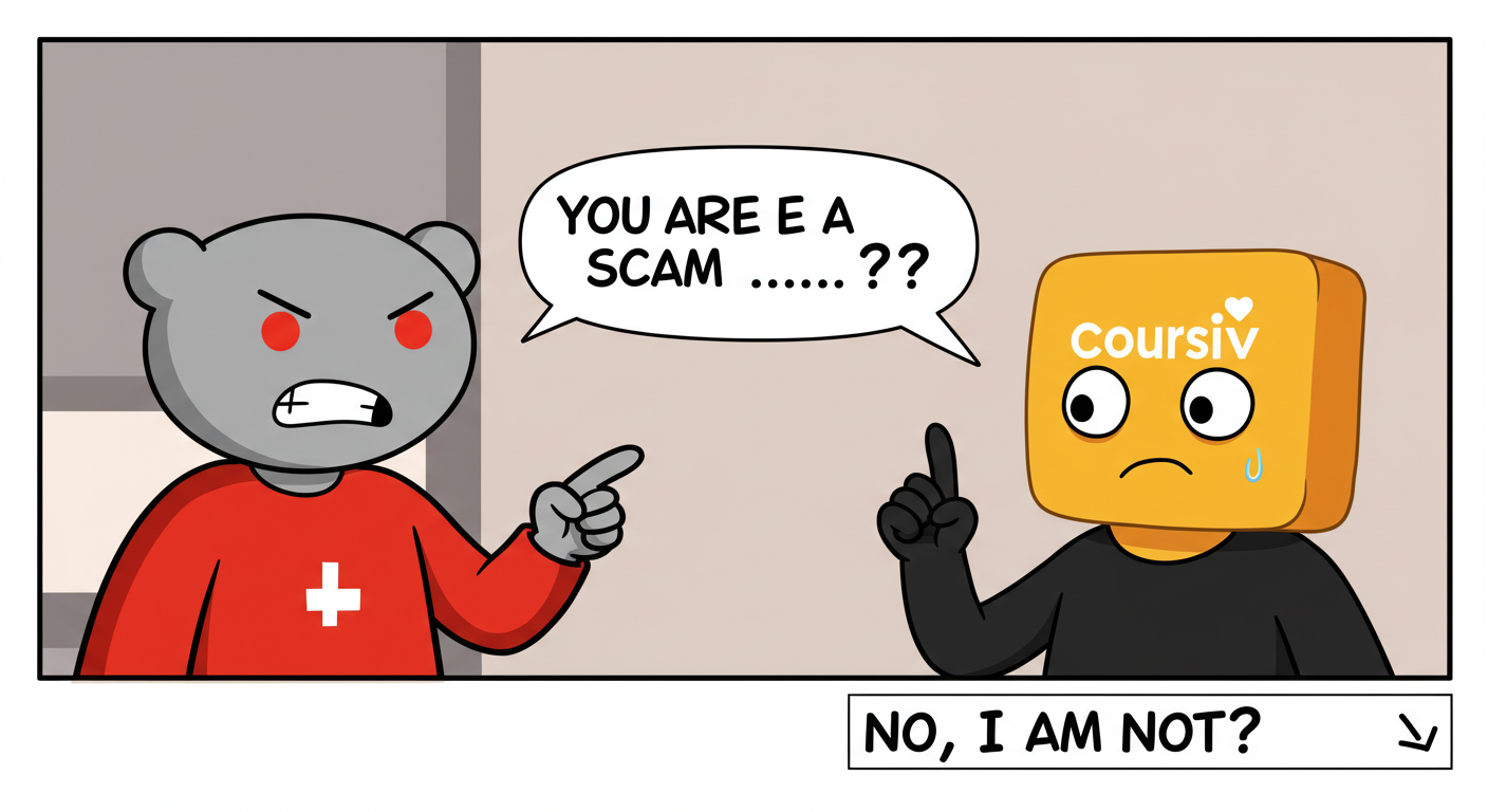 A cartoon showing a red bear-like character accusing an orange cube character (labeled "Coursiv") of being a scam, while the orange cube denies it.