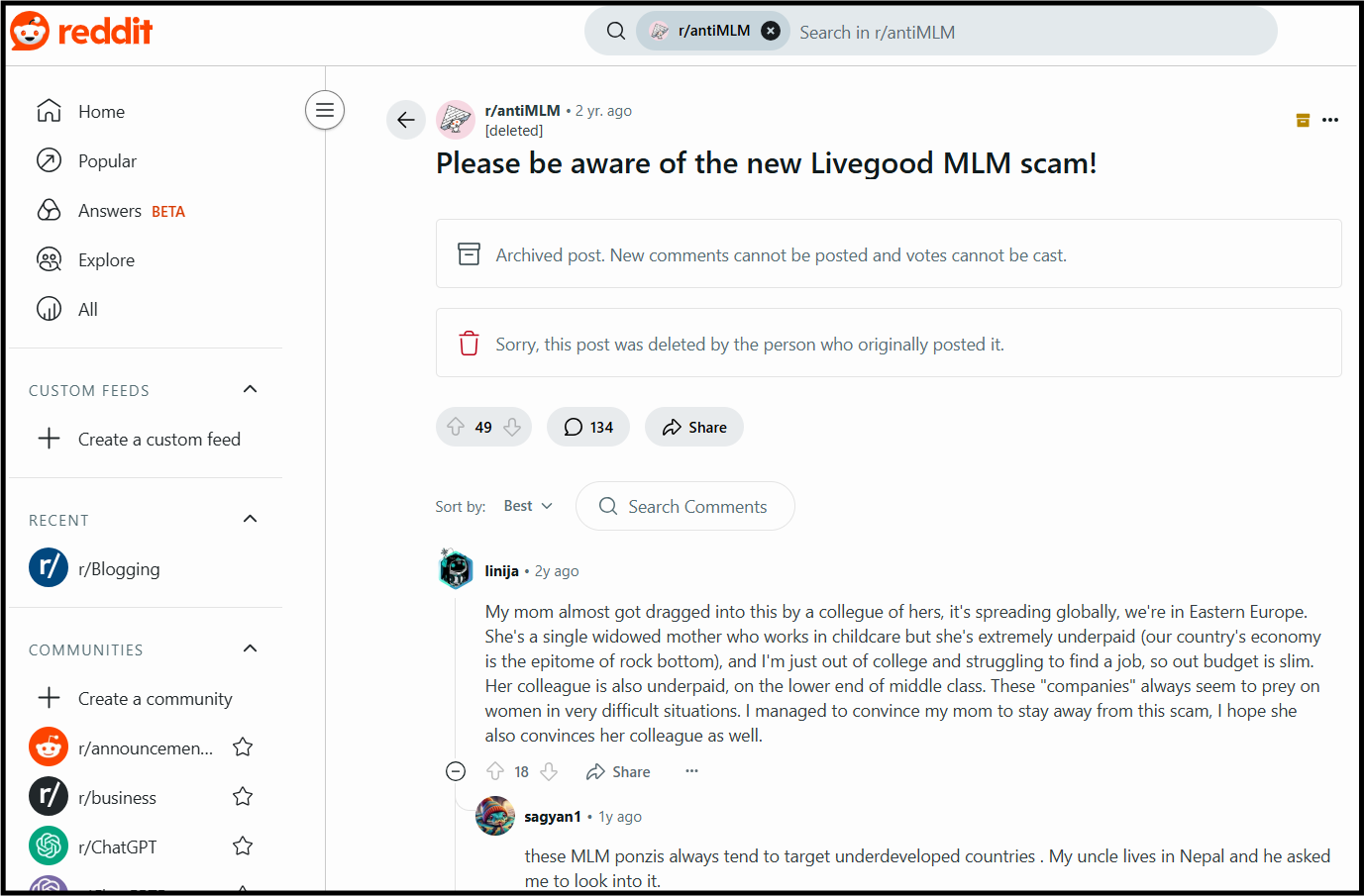 A screenshot of a Reddit post from the r/antiMLM group titled "Please be aware of the new Livegood MLM scam!"
