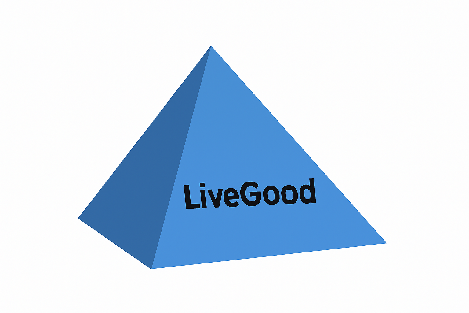 A blue pyramid with the word "LiveGood" written on the side, representing a pyramid scheme.