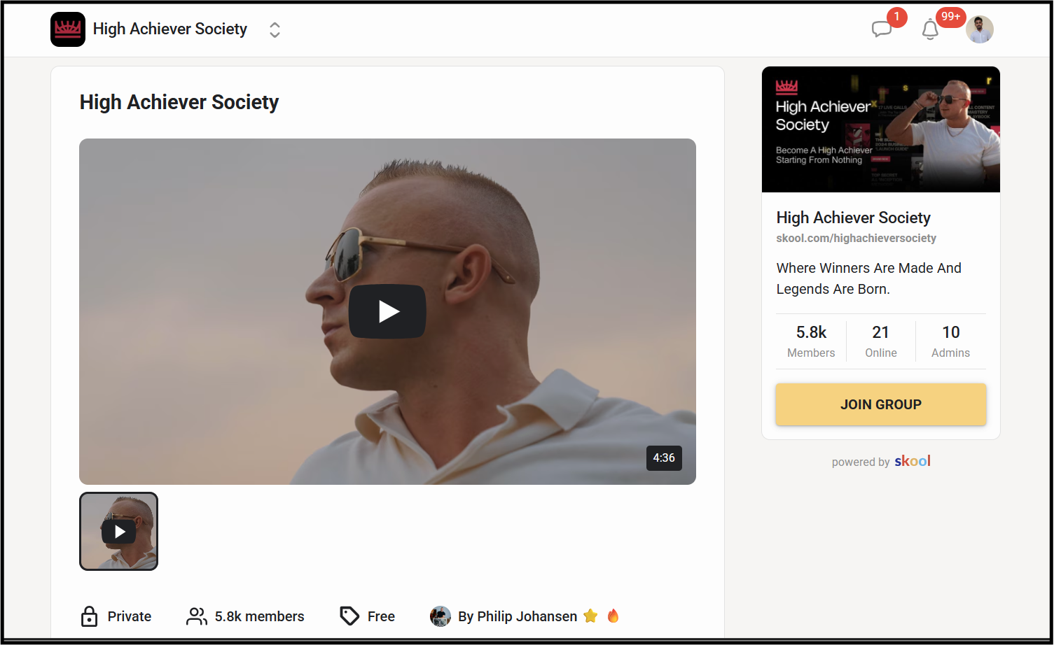 Screenshot of the High Achiever Society community page on the Skool platform, showing that it has over 5,800 members.