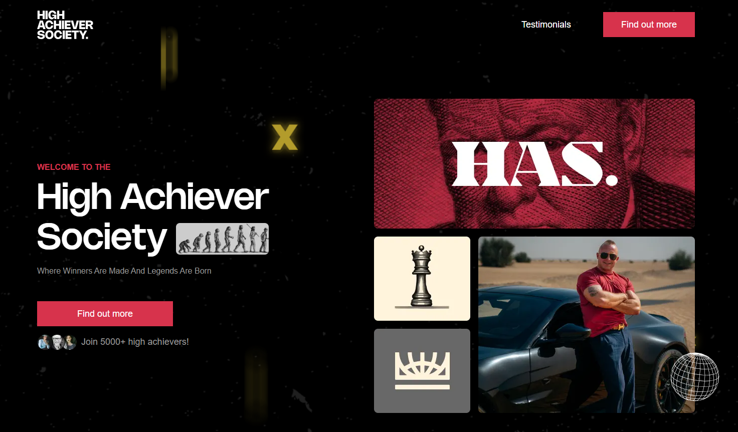 Screenshot of the High Achiever Society homepage, showing its black and red branding and a photo of founder Phillip Johansen.