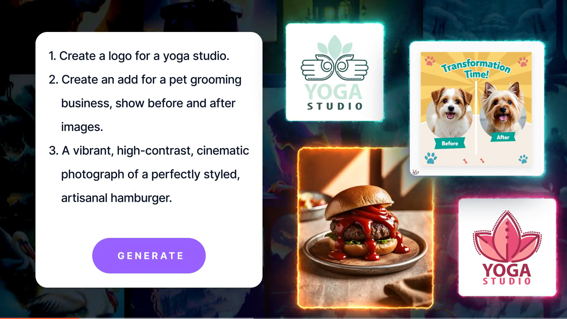 Examples of AI image generation prompts for a yoga logo, a pet grooming ad, and a hamburger, with the resulting images displayed.