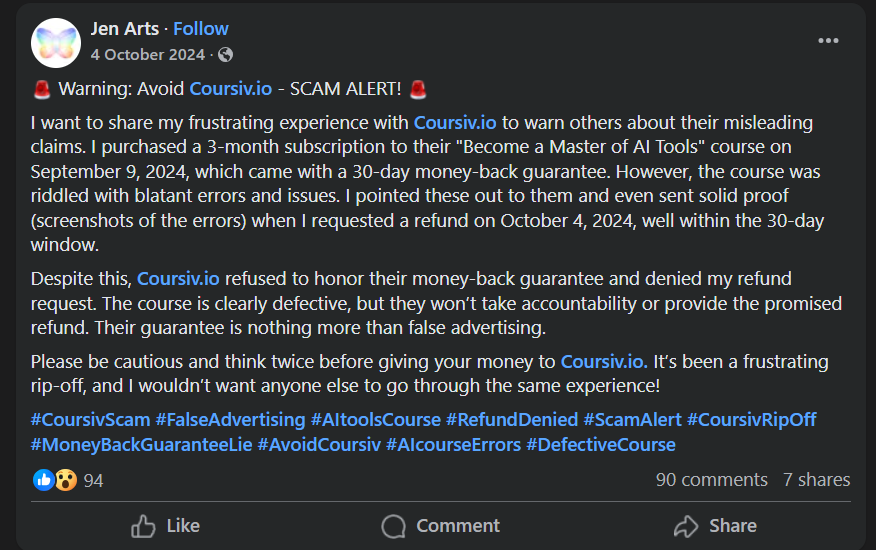 A Facebook post from "Jen Arts" warning about Coursiv.io as a scam, detailing a denied refund for a defective course.