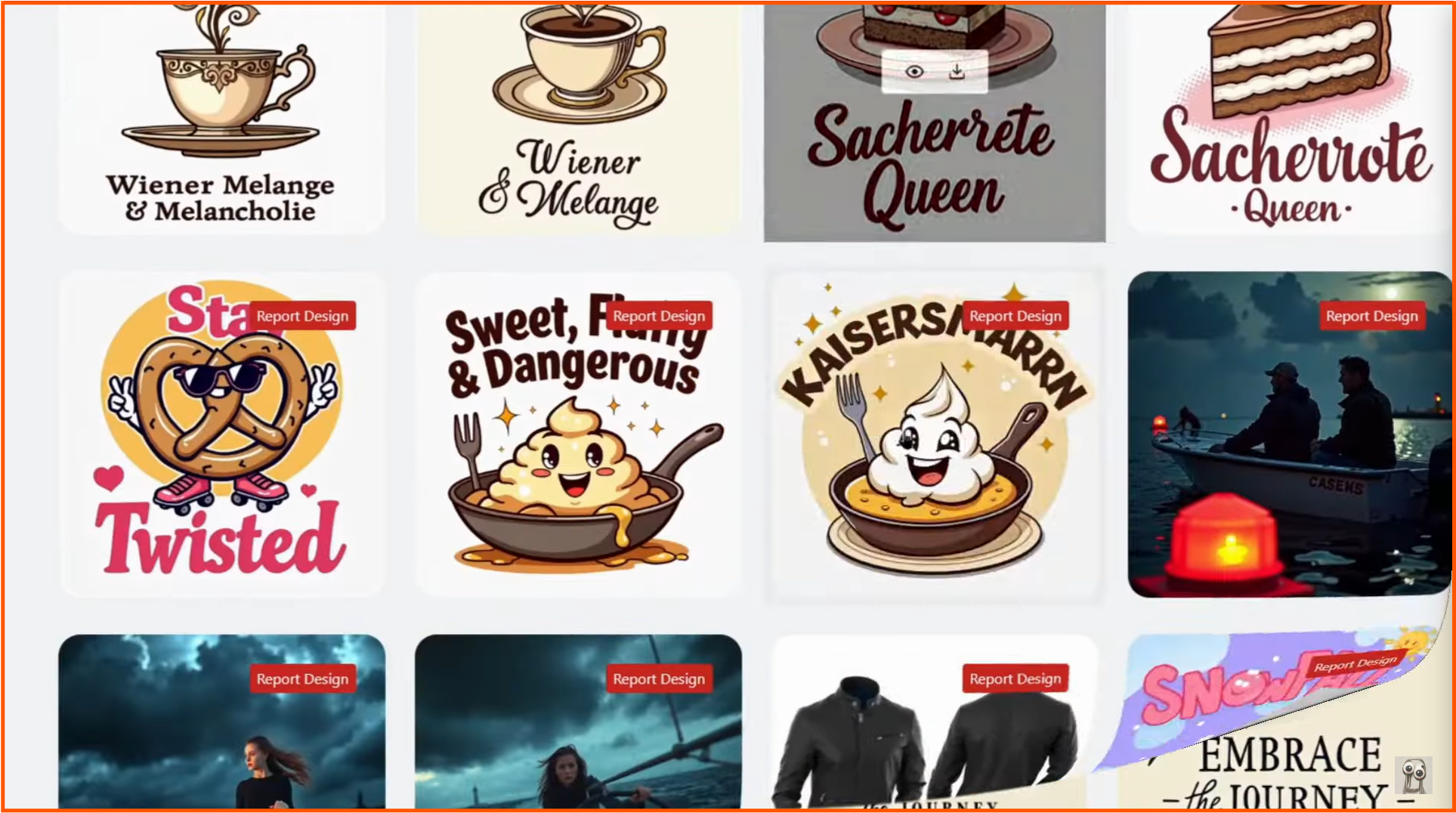 A grid of user-generated designs from the Artistly community gallery, featuring cartoon food items, each with a "Report Design" button