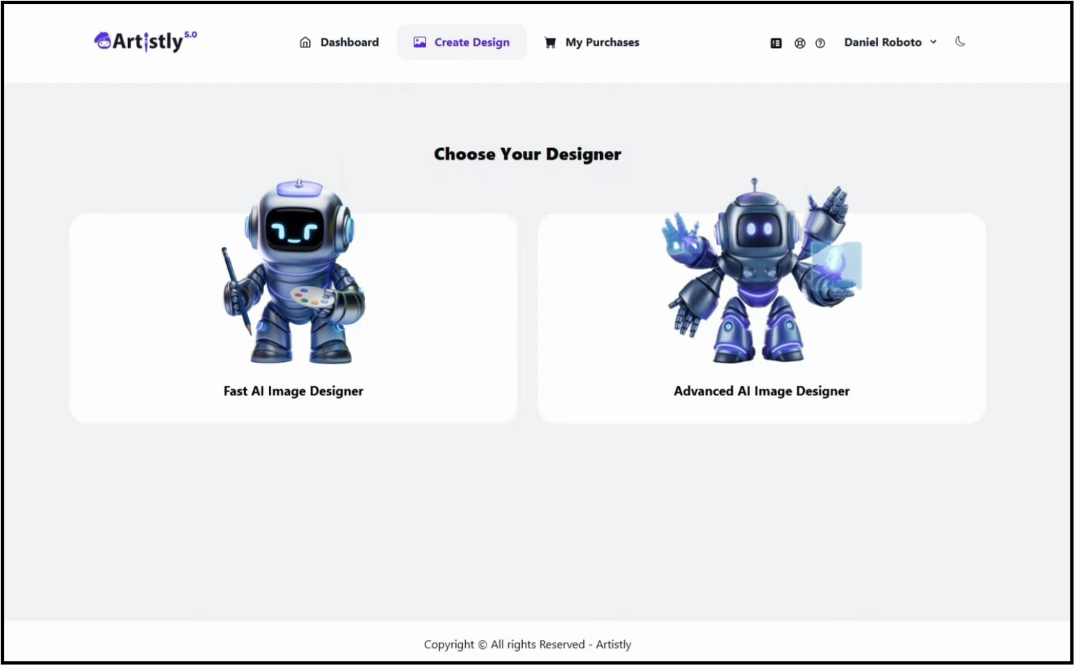 Screenshot of Artistly's "Choose Your Designer" page, showing options for "Fast AI Image Designer" and "Advanced AI Image Designer."