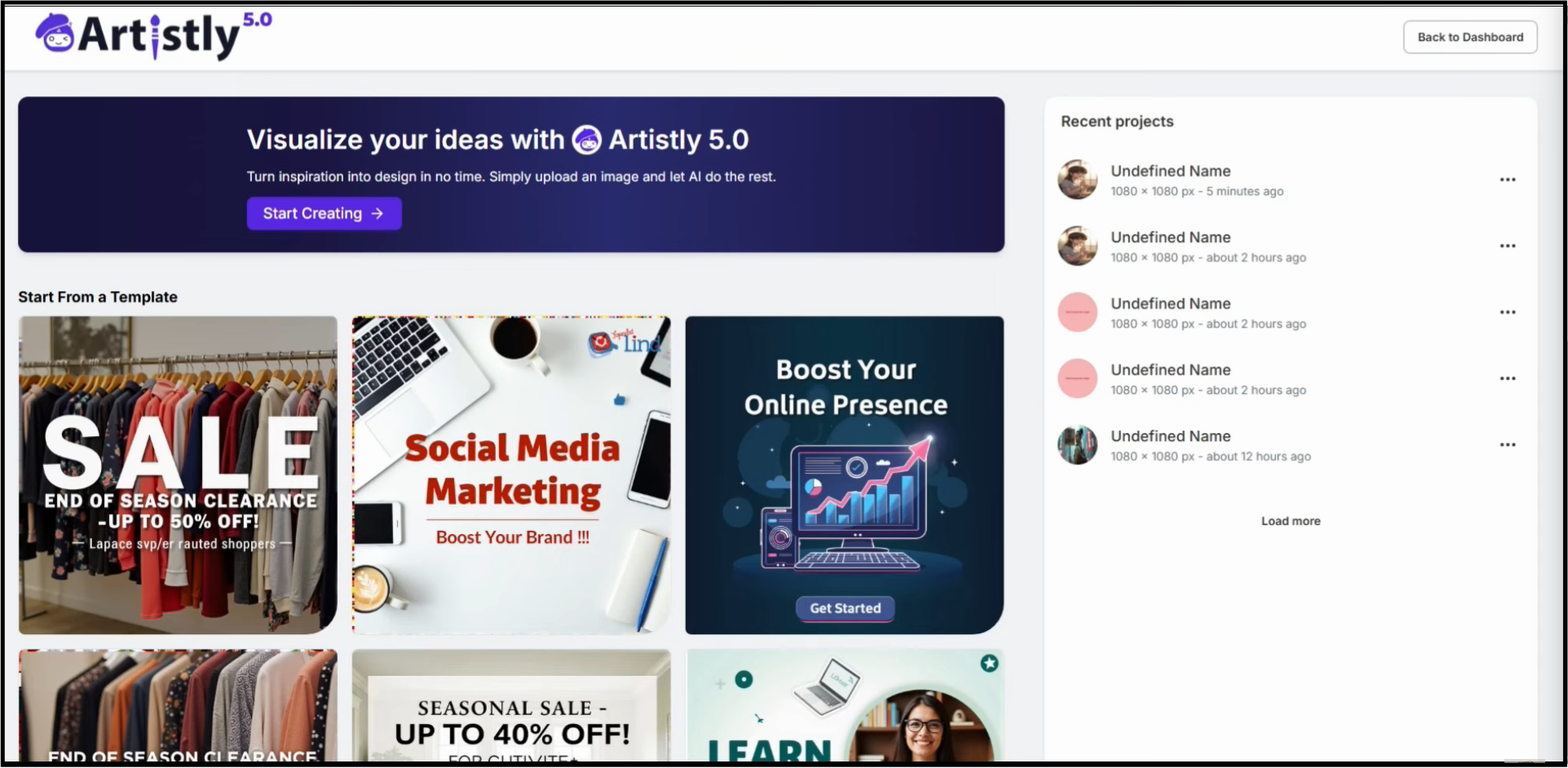 The Artistly dashboard showing a user's recent projects on the right and various marketing templates on the left.