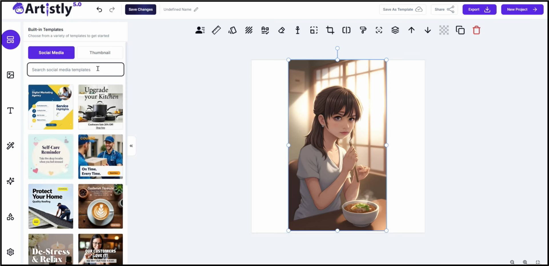 The Artistly AI image editor interface, showing built-in social media templates on the left and an anime-style image on the canvas.