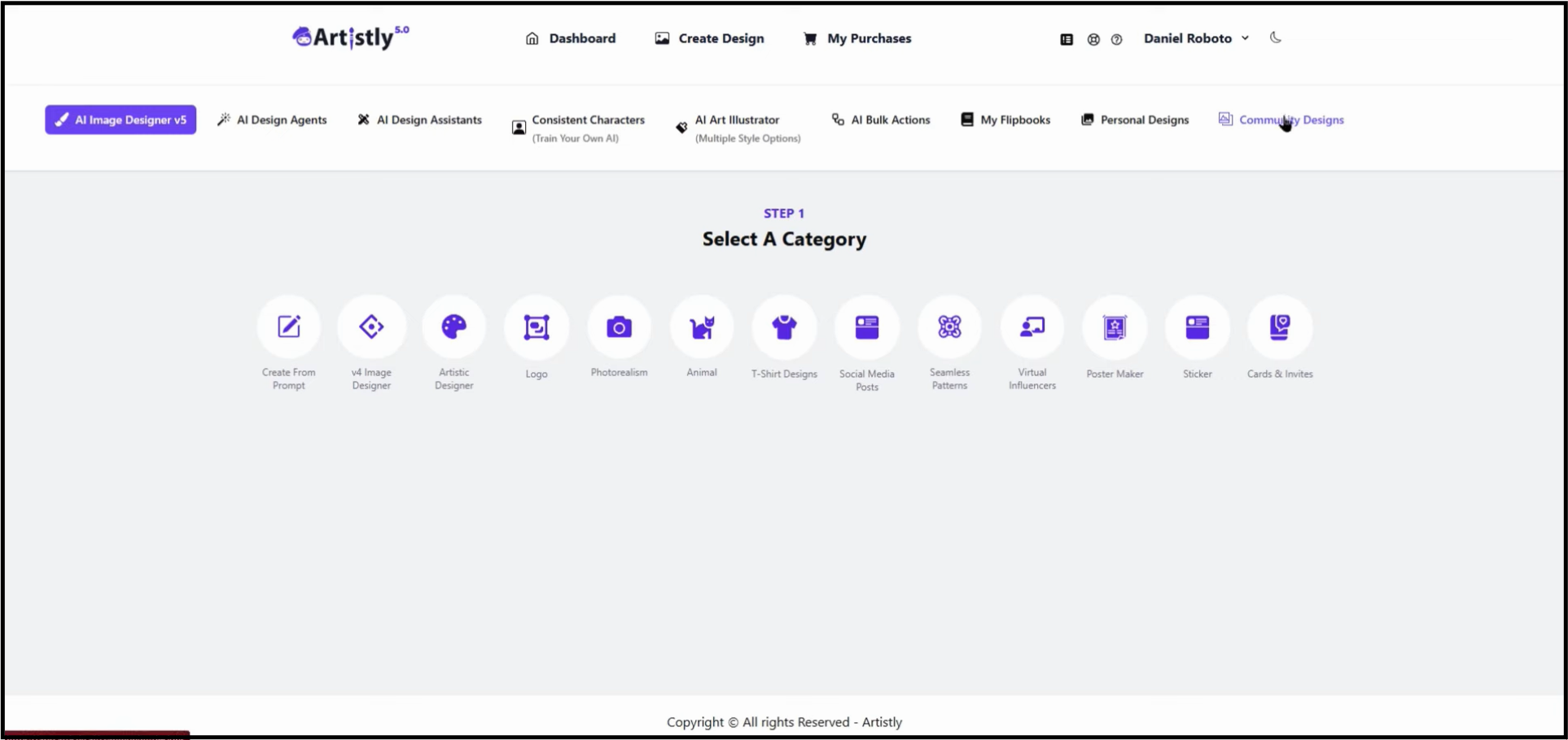 The main tool selection screen in Artistly's AI Image Designer, showing categories like "Logo," "T-Shirt Designs," and "Consistent Characters."