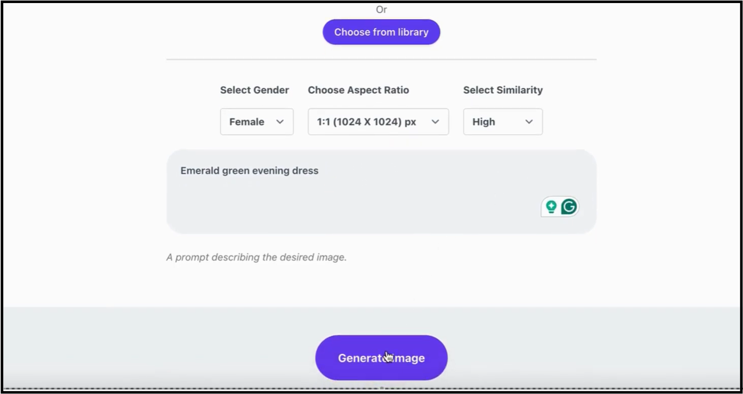 The prompt input screen for Artistly's consistent character generator, with "Emerald green evening dress" typed in the prompt box.