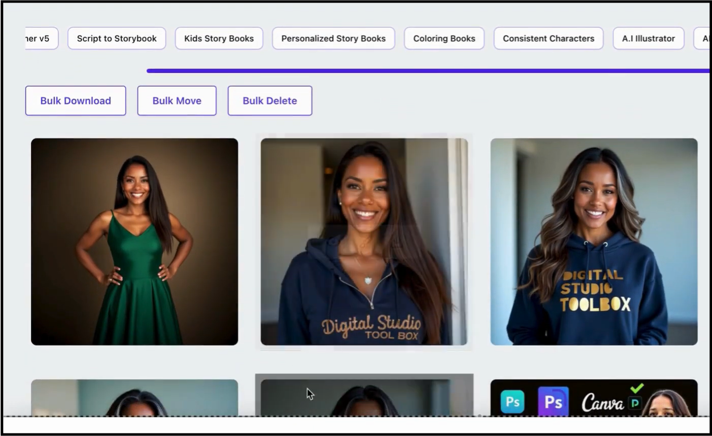 A gallery of images generated with Artistly's consistent character feature, showing the same woman in a green dress and two different hoodies.